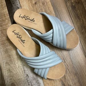 Life Stride Blue Slide Sandals with Gathered Straps